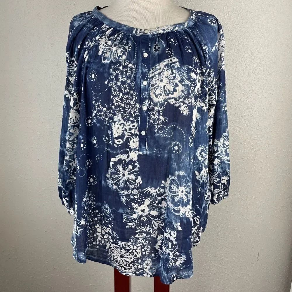 Chaps Blue and White Tie Dye Style Tunic Top
